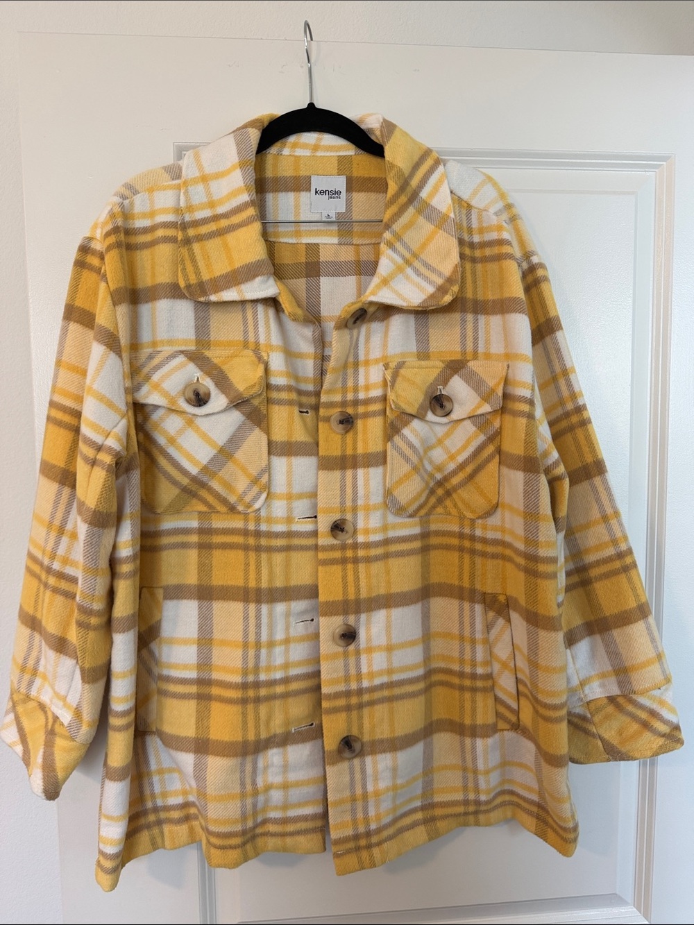Kensie Yellow Plaid Button-Up Shacket with Tan Accents